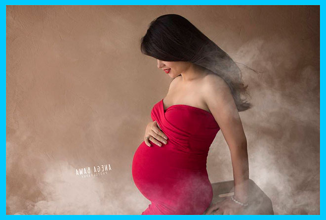 беременная девушка в красном платье