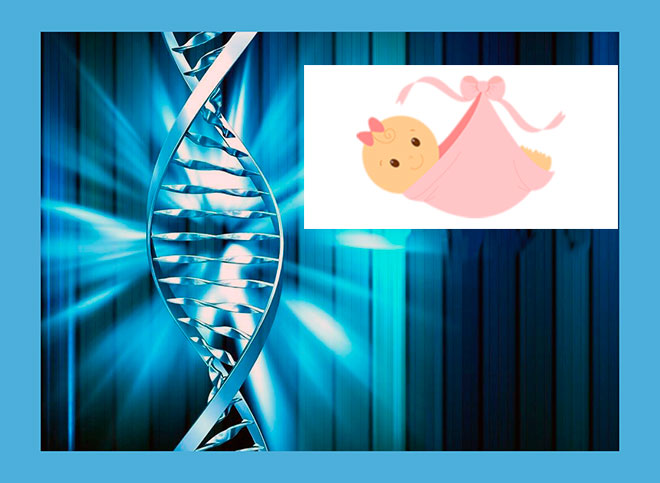 структура днк и нарисованный новорожденный ребенок